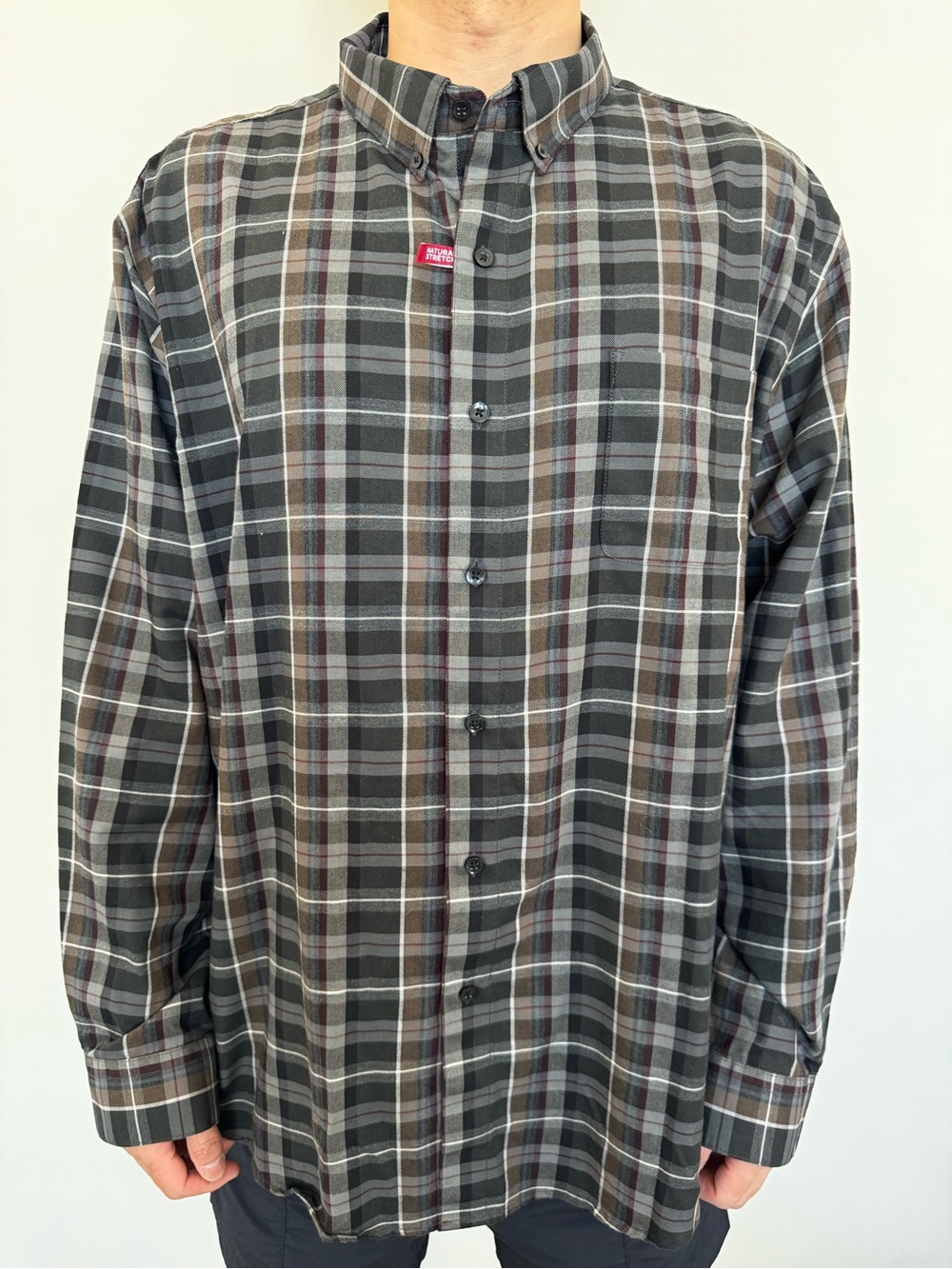 Van Heusen Gray and Brown Plaid Button-Down Shirt